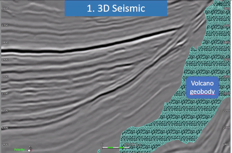 Figure 2: Summary of the PaleoScan™ workflow: (1) Kora 3D Seismic, offshore New Zealand, (2) Model Grid creation and Auto propagation in the Model Grid, note that there will be no grid distributed within the volcano geobody (3) The key horizon patches can be editable following the interpreter's ideas, (4) 3D Geomodel is the result of the Model Grid interpolation.