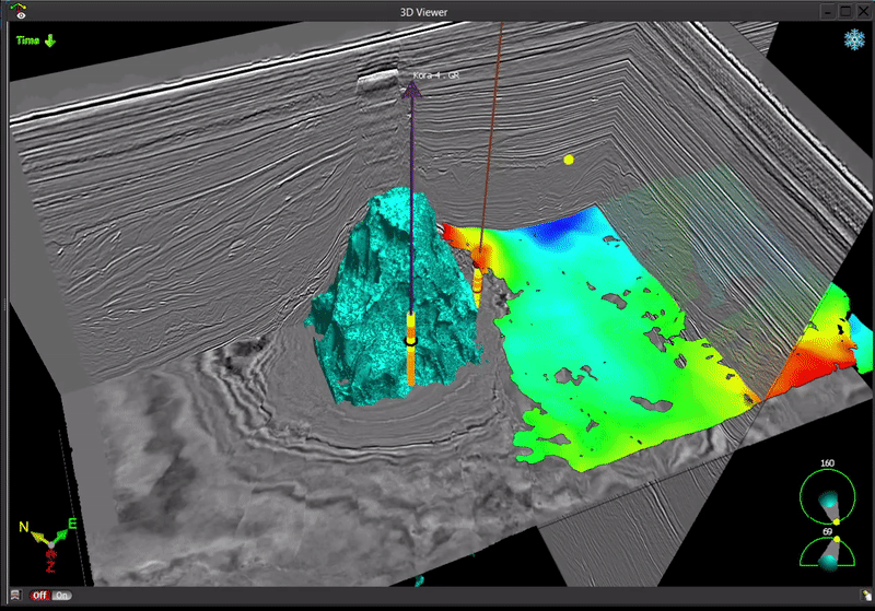 Figure 3: All horizon surfaces/patches are interpreted in one attempt thanks to the Model Grid creation process with Kora volcano geobody as a hard constraint.