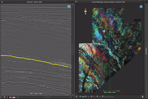 Figure 2: Example from Maui 3D, offshore New Zealand. Left: The seismic viewer is being automatically flattened according to the new frame of the Horizon Stack Viewer. Right: RGB Color Blending Horizon Stack Viewer can be manually changed by scrolling up or down the mouse wheel.