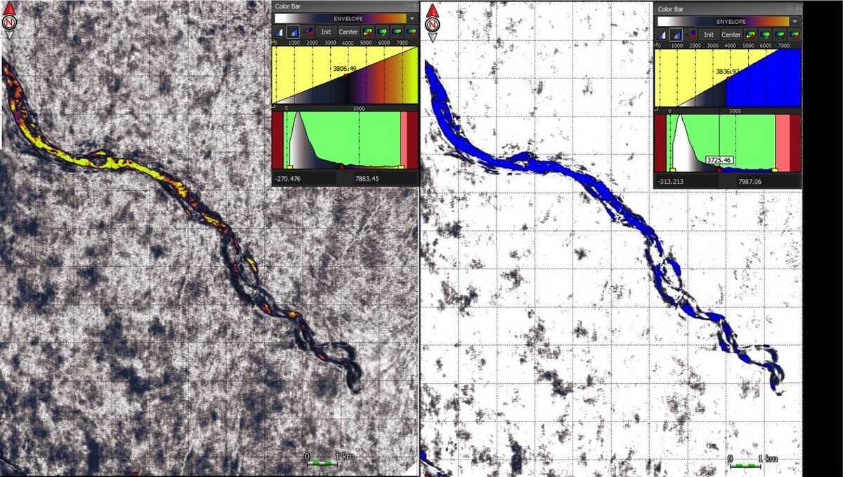 Figure 3: (Left) Channel-belt feature on RMS attribute horizon and its original Colour Bar (Right) New Colour Bar is applied on RMS attribute horizon to isolate the channel-belt feature.