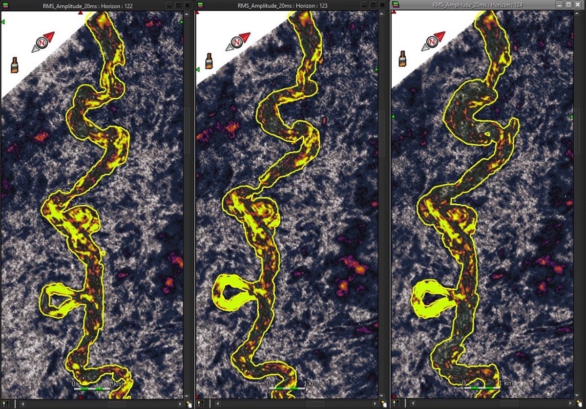 Figure 1: Channel-belt feature is delineated on horizons in the Horizon Stack using the Brush mode, Each horizon is 3-5 ms apart, and the geobody is interpolated from each of these polygons.