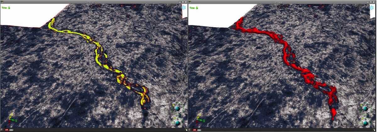 Figure 4: (Left) Channel-belt feature on RMS attribute horizon in 3D domain. (Right) Channel-belt geobody is saved and then displayed in 3D domain as a result of amplitude extraction using Colour Bar mode.