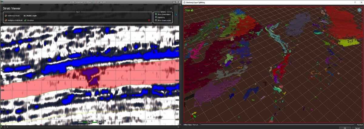 Figure 5: (left) Amplitude associated with the channel-belt feature is isolated by Colour Bar mode and constrained within the red sequence from Strati Viewer. (right) Channel-belt and unrelated geobodies are extracted and filtered in the Geobody Filter tool in PaleoScan™.