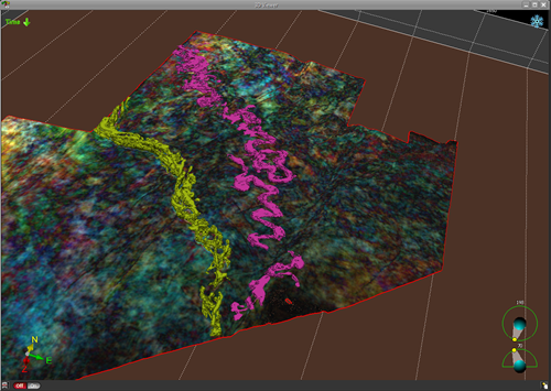 Figure 8: Channel-belt geobodies created from an automatically classified crossplot are displayed in the 3D viewer.