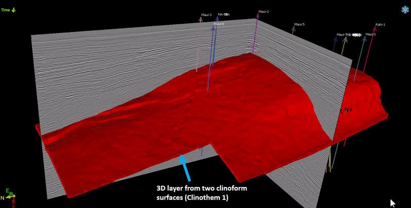 Figure 5: (Maui 3D) clinothem geobody with isopach maps overlaid are displayed in 3D, showing the sediment thickness changes in each clinothem, both laterally and vertically.