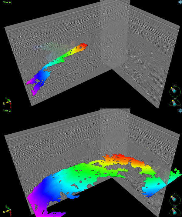 Figure 1: All clinoform surfaces/patches are interpreted in one attempt thanks to the Model Grid creation process. An example from Maui 3D, New Zealand.
