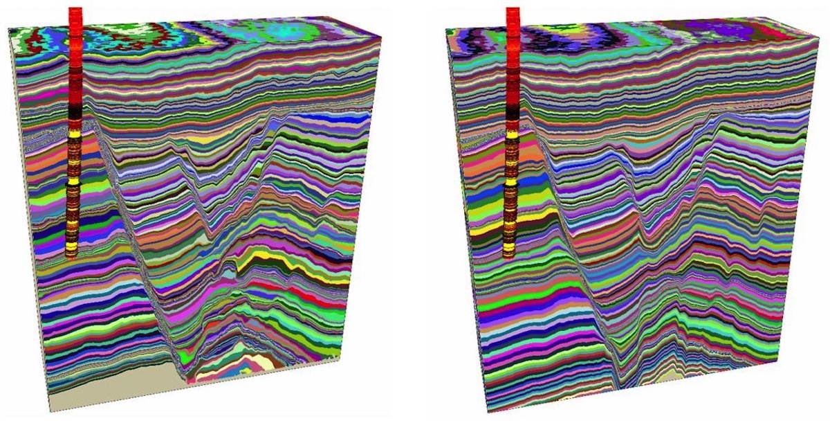 Figure 3: Comparison between the 3D RGT model from all the patches of the 3D Model Grid (left) and 3D RGT model from marked horizons of the 3D Model Grid only (right). The consistency of the lower section was significantly improved in the right hand sidemodel.