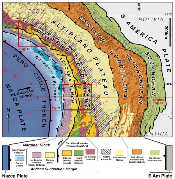 Geological sketch map of Andean orogen, from Armijo et al., 2015, “Coupled tectonic evolution of Andean orogeny and global climate” in Earth-Science Reviews.