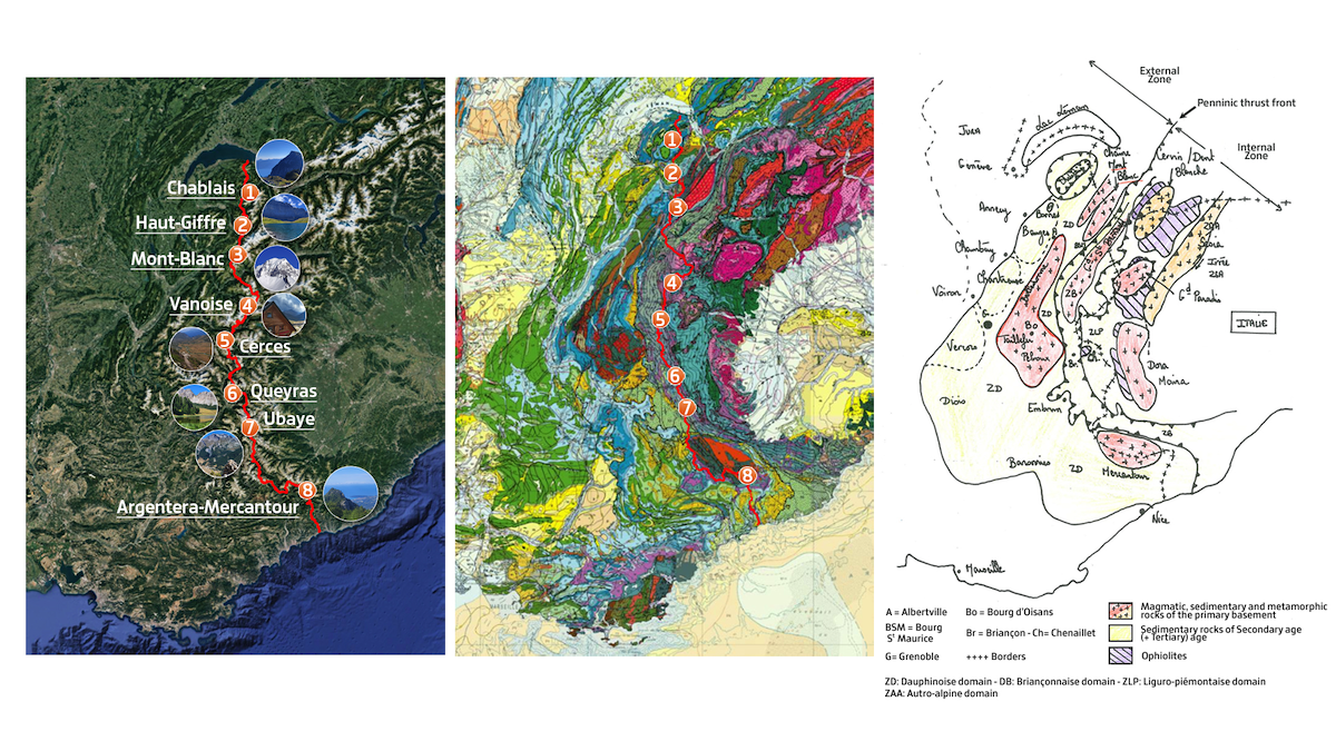 Marion's journey through the Alps superimposed to: a) a satellite map, b) a geological map, c) an hand-drawn and annotated structural map