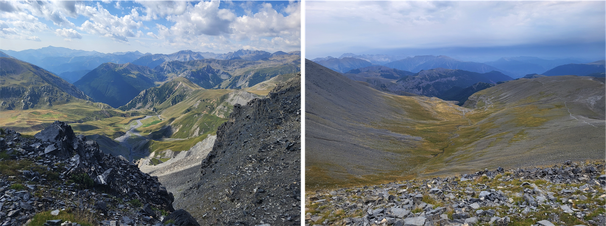 Left: Salso Moreno basin from le Pas de la cavale / Right: Démant ravine south of the Mounier from la Stèle Vallette (06 – Alpes-Maritimes)