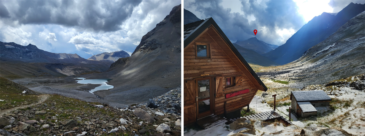 Left: Nettes lake from the Col de la Leisse / Right: La Leisse cabin and La Grande Casse submit in the background (3855m high) (73 – Savoie)