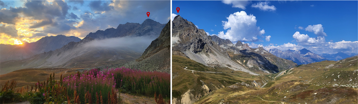 Left: La Cime de le Planette (2977m) from the Mont Thabor cabin / Right: Le Mounioz (2745m) from the Col de la Replanette (73 - Savoie)