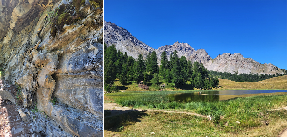 Left: Glossy schists of the Queyras oriental (made of calcschistes) / Right: Miroir lake (05 – Hautes-Alpes)