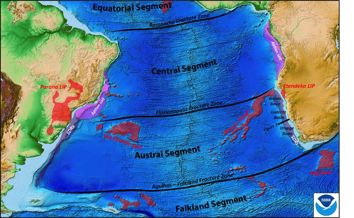 Figure 1. General structural map of the South Atlantic Ocean. Studied area is located along the Africa margin, within the Austral Segment. Aptian salt basins (pink), LIP = Large Igneous Province (red), SDRs = Seaward Dipping Reflectors (purple, from Chauvet et al., 2021).