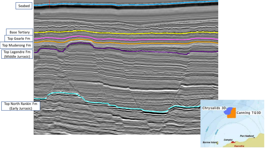 Figure 1: Seismic line from Chrysalids 3D seismic volume and interpreted horizons overlain. 