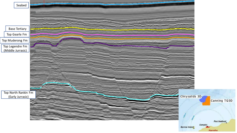 Figure 1: Seismic line from Chrysalids 3D seismic volume and interpreted horizons overlain.