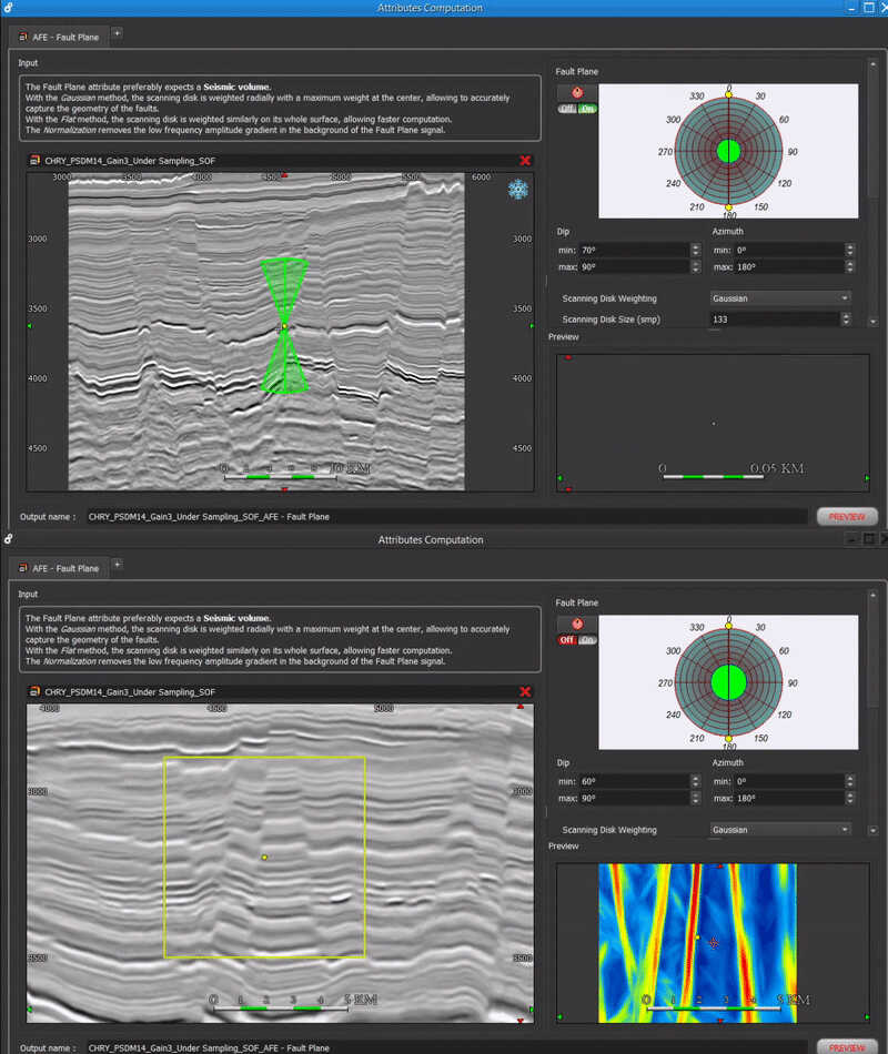 Figure 3: Fault Plane computation interface in PaleoScan™ 2020 where the user can customize the scanning disk's parameters such as size, dip, azimuth, and preview the result on the fly.