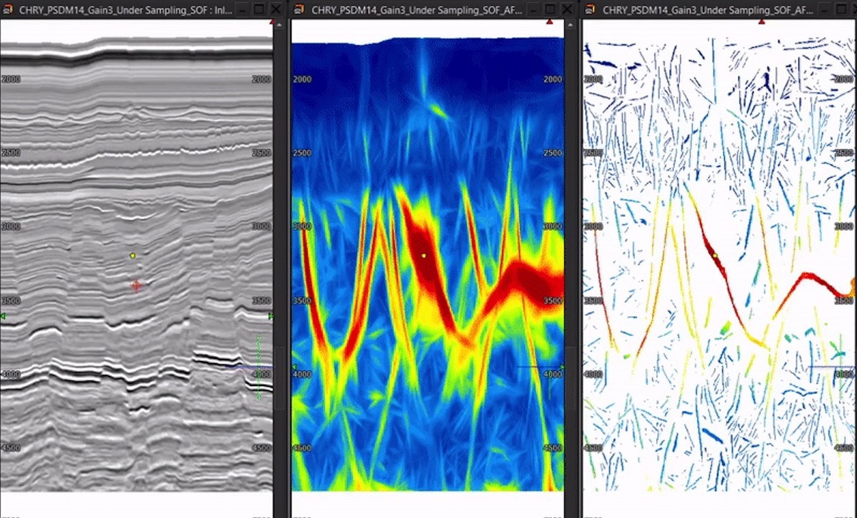 Figure 5: From left to right, seismic lines from 3D seismic, 3D Fault Plane attribute volume and 3D Fault Thinning attribute volume. 