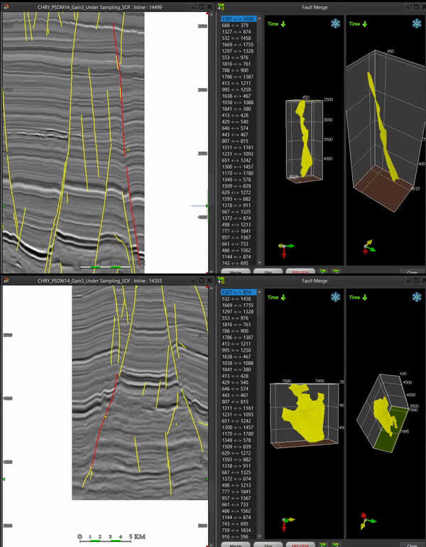 Figure 8: PaleoScan™ Fault Merging Assistant tool allows merging faults in both 2D and 3D viewers.