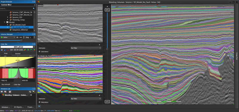 Figure 1: 2-channel Volume Blending viewer is displayed. The first channel is 3D Seismic volume. The second channel is the 3D RGT Model. The users can control the transparency between two channels by moving the slide bar at the center of the viewer.