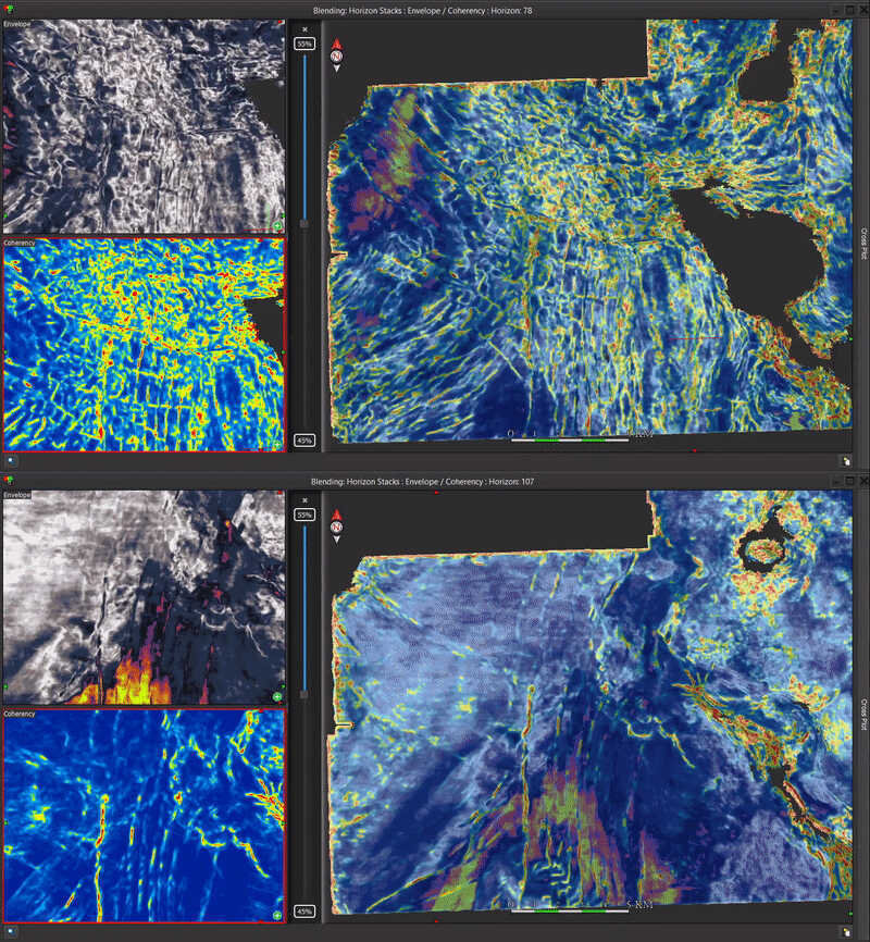 Figure 2: 2-channel Horizon Stack blending viewer is showing the blend between the first channel - Envelope attribute Horizon Stack and the second one - Coherency attribute Horizon Stack. The blending is automatically applied on every horizon of the Horizon Stack. 