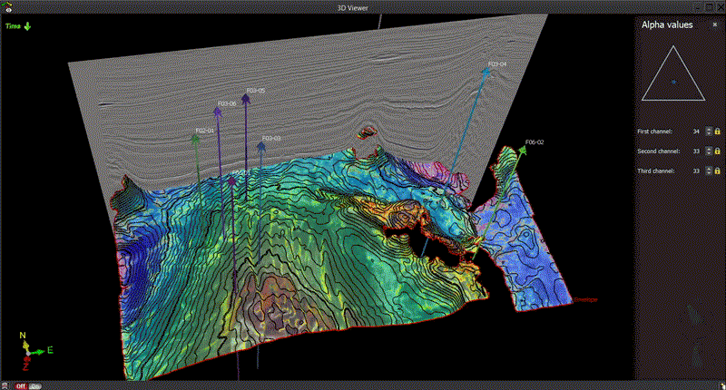 Figure 3: 3-channel Color Blending Horizon Stack viewer with Alpha Blending method is shown in 3D. The triangle on the top right corner represents the proportion of each channel in the blending viewer. The first and second channels are Envelope and Coherency Horizon Stacks respectively. The third channel is the Z values with contouring Horizon Stack.